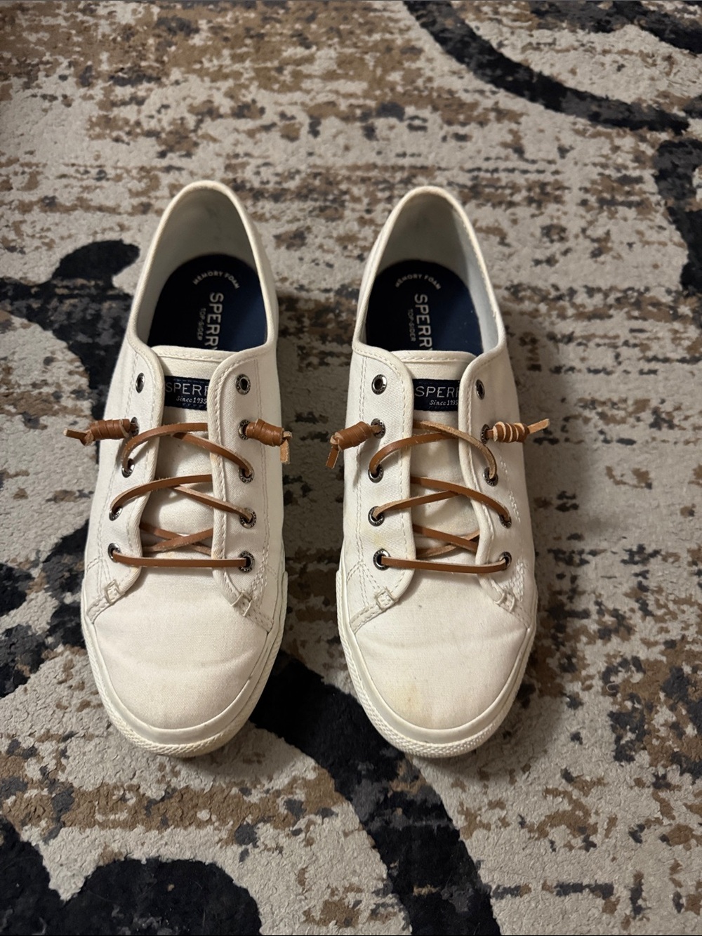 Sperry Cream Canvas Boat Sneakers with Brown Laces